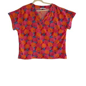Michelle McDowell Pink Floral V-Neck Boxy Short Sleeve Blouse Large Maximalist